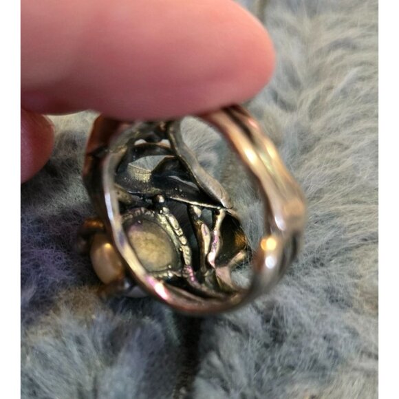 Vintage Brutalist 925 Sterling Silver Ring With Pearl Size 8 10.2g Statement - Picture 9 of 10